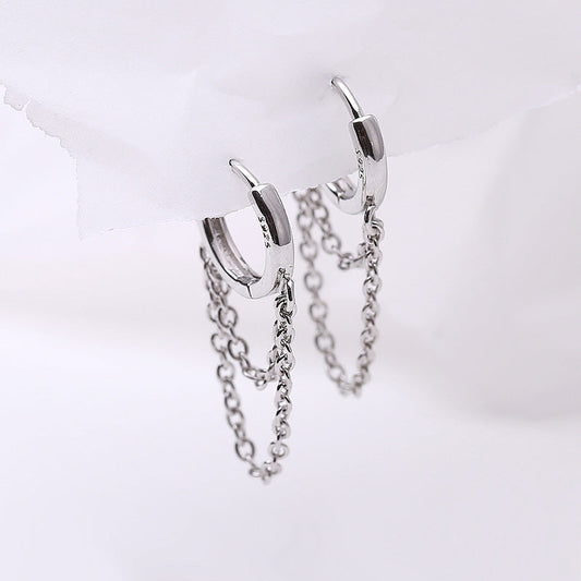 Silver Colour Double Layer Chain Tassel Hoop Earrings For Women INS Popular Cold Style Women Fashion Jewelry 2022 New